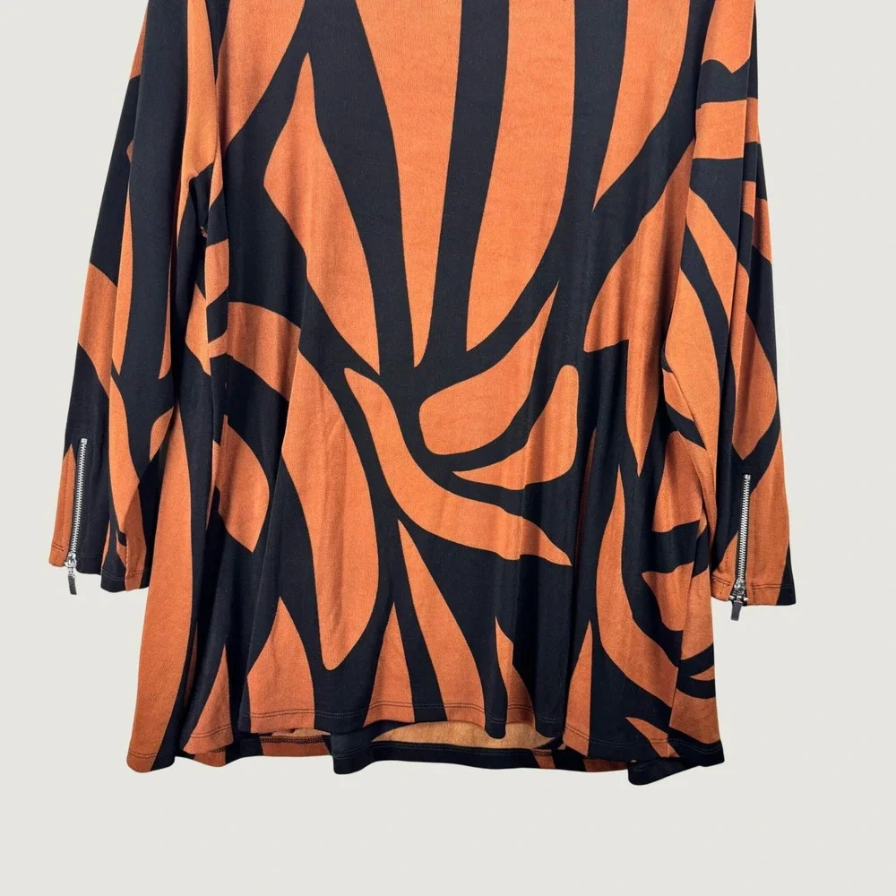 Chico's Travelers Top Womens 20/22 Rust Black Abstract Zipper Cuff Blouse